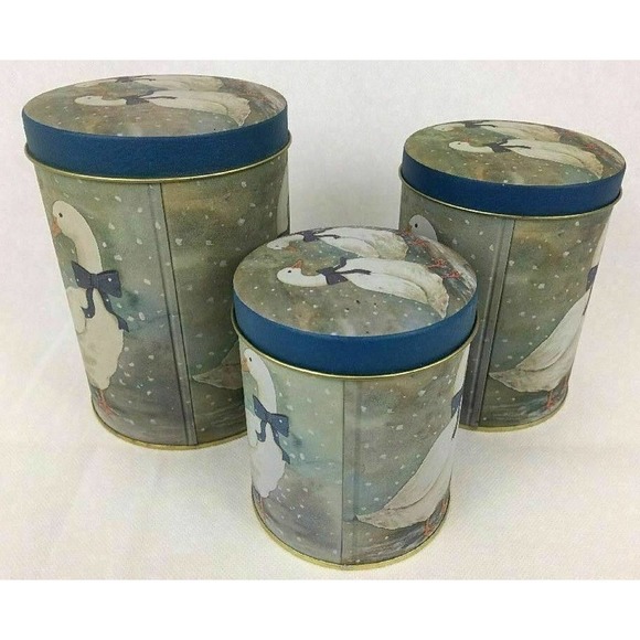 Set 3 Nesting Metal Tin Box Container Lidded Winter Ducks Ribbons Snow Gift - Picture 7 of 7